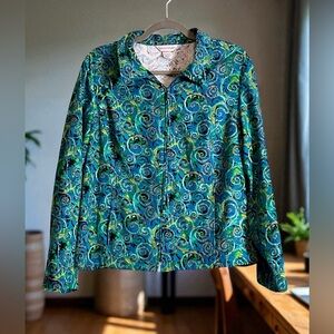 Christopher & Banks-Jacket-Full Zip-Blue Green Teal Swirl-Pockets. Size Large
